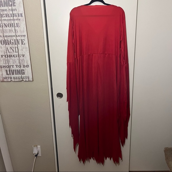 Long Red Devil V Neck Dress Costume with Slit & Devil Tail, Size Medium - Picture 5 of 12